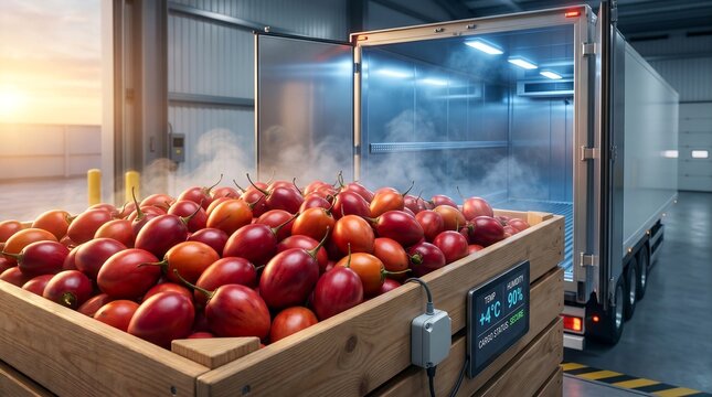 Cold chain logistics for tamarillo (tree tomato) transportation with real-time IoT monitoring of temperature, humidity, and cargo status to maintain freshness, quality, and food safety during refriger