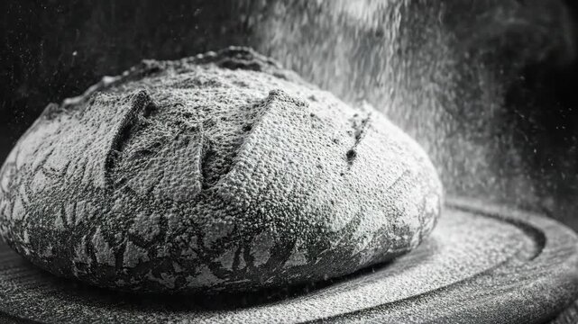 Artisanal Baking Freshly Baked Bread Loaf Dusted with Flour, Showcasing Rustic Texture and Elegance in Kitchen