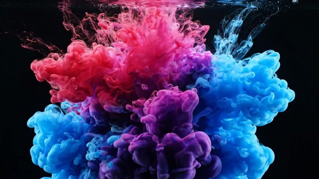 Vibrant ink explosion in water showcases stunning red and blue liquid hues, creating colorful visual effect that evokes creativity and wonder