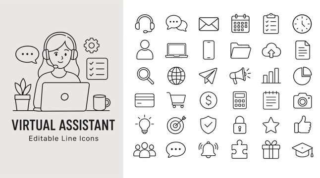Virtual assistant line icons set for customer support, business, and online communication