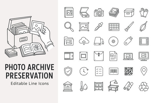 Photo archive preservation line icons set for digitizing, scanning, and storing old photographs and historical documents