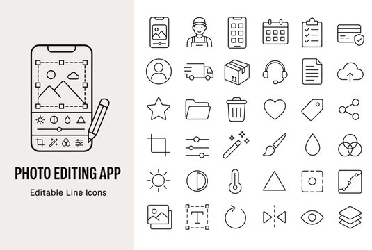 Photo editing app line icons set for mobile user interface design