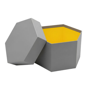 Open grey hexagon gift box with a bright yellow interior for presents and holiday surprise packaging