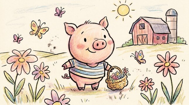 Cute pig walks through a sunny field carrying a basket of freshly picked flowers near a red barn