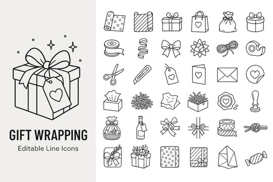 Gift wrapping and packaging line icons featuring presents, ribbon, bows, wrapping paper, gift tags, and scissors
