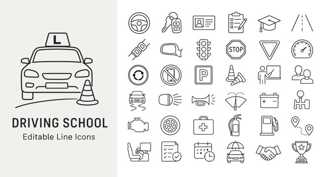Driving school line icons with driver license, traffic rules, car parts, and learner education