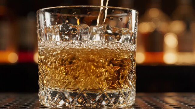 Pouring alcohol over ice creates refreshing drink with bubbles, showcasing rich amber color and clarity in glass for enjoyable experience