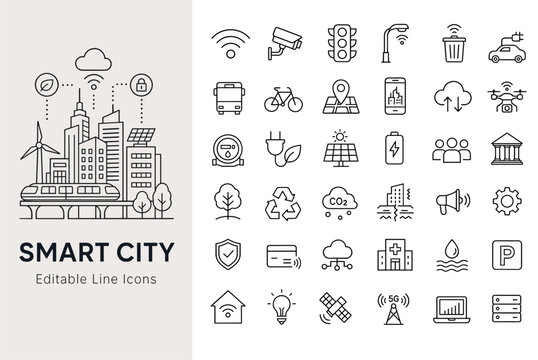 Smart city line icons for urban infrastructure, internet of things technology, green energy, sustainable transport, and digital public services