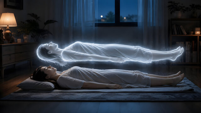 Astral Projection and Near Death Experience &ndash; Soul Leaving Body in a Quiet Bedroom, Spiritual Awakening Concept