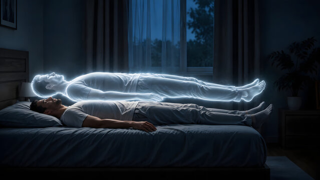 Astral Projection and Near Death Experience &ndash; Soul Leaving Body in a Quiet Bedroom, Spiritual Awakening Concept