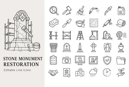 Stone monument restoration and cemetery preservation line icons featuring tombstone cleaning, masonry tools, scaffolding, and heritage conservation