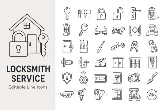 Locksmith service and home security line icons with keys, padlocks, door locks, safes, key duplication machines, and lockpicking tools