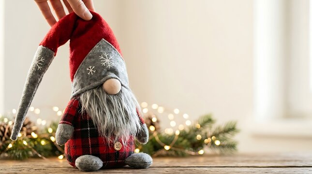 Person holding a festive christmas gnome on a wooden surface