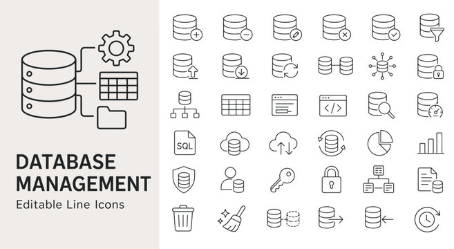 Database management line icons for data storage, server administration, cloud computing, network security, and SQL file processing