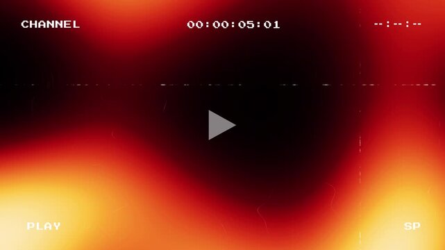 Abstract VHS glitch background with glowing orange and red light leaks and retro camcorder overlay including timecode and play text on a black background for vintage video effects