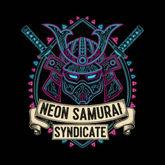 Fototapeta premium Cyberpunk neon samurai mask emblem with crossed katanas on a black background for gaming.