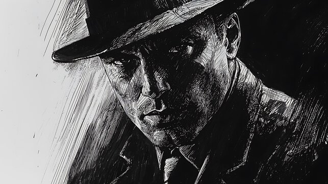 Gritty black and white illustration of a man wearing a fedora hat looking intently into the shadows