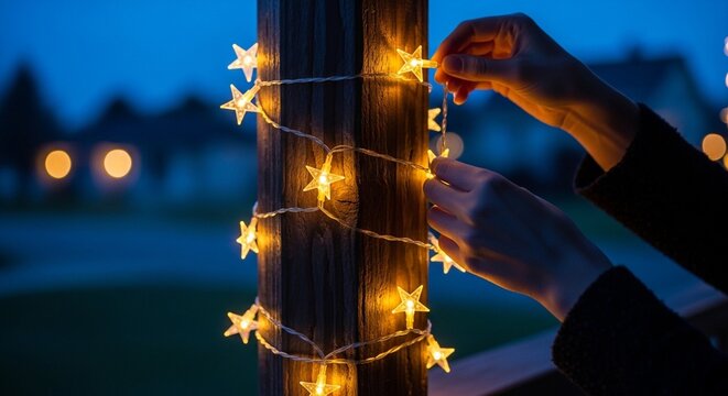 Wrapping Star-Shaped LED Lights Around Porch Pillar at Dusk