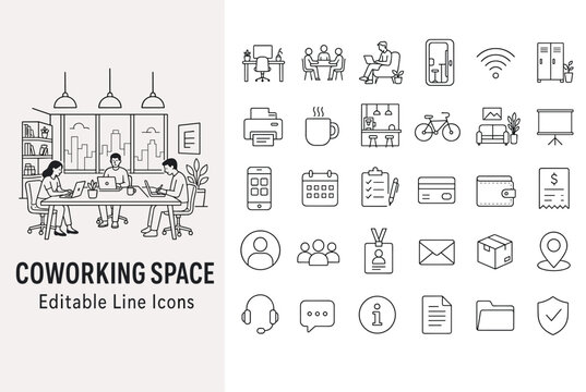 Coworking space line icons representing modern shared office, remote work, business meeting, and freelance workplace equipment