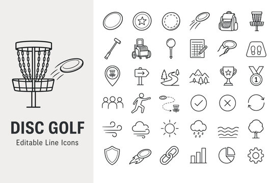 Disc golf line icons of basket, frisbee, player, scorecard, trophy, and outdoor course equipment