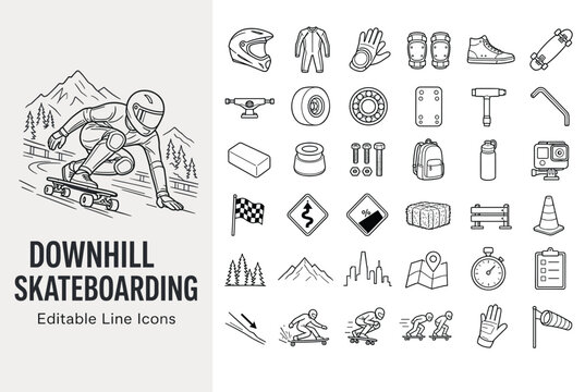 Downhill skateboarding and longboarding line icons with extreme sports gear, safety equipment, skateboard parts, and racing elements