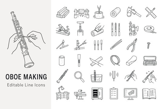 Oboe making and woodwind instrument manufacturing line icons with woodworking tools, materials, and craftsmanship steps