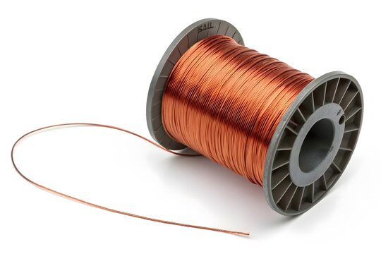 Spool of copper electrical wire with thin cable isolated on white background