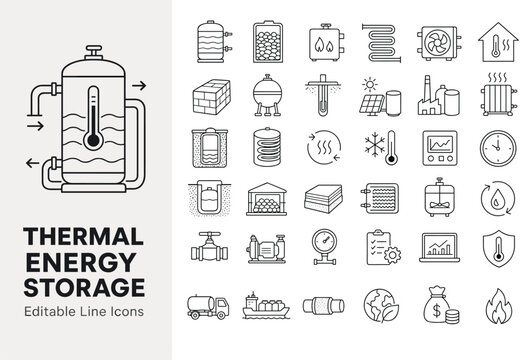 Thermal energy storage line icons for heating, cooling, geothermal, solar thermal, industrial HVAC, water tank, heat exchanger, and renewable energy