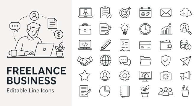 Freelance business and remote work line icons for self employment, digital marketing, finance, and office management