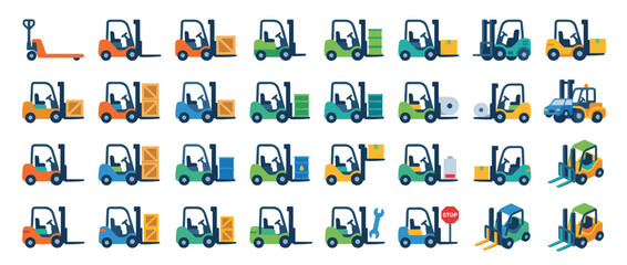 Fototapeta premium Colorful forklifts in a row showcasing industrial machinery.