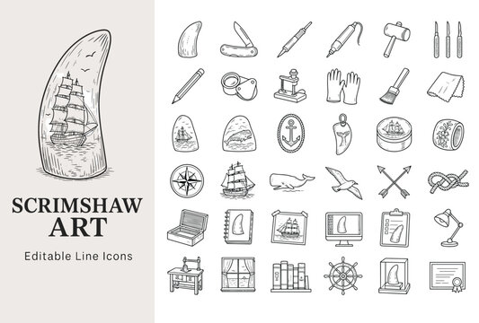 Scrimshaw art and bone carving line icons depicting whaling history, traditional maritime crafts, engraving tools, sailing ships, and whales