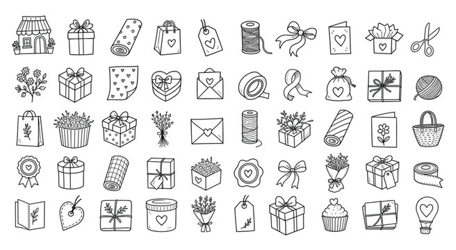 Hand drawn gift wrapping and packaging doodle icons set with boxes, ribbons, flowers, and tags