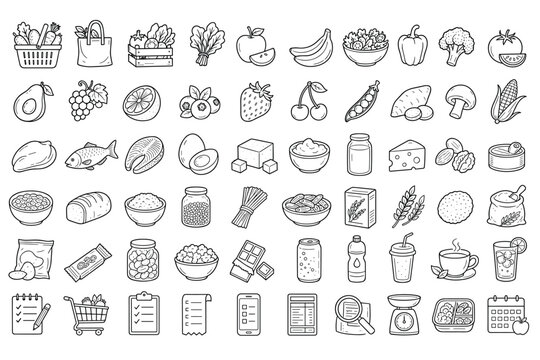 Healthy food and grocery shopping line icons set including fruits, vegetables, proteins, grains, and supermarket planning symbols