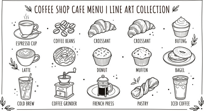 Coffee shop cafe menu line art collection with hand drawn icons of espresso cup latte cold brew grinder french press croissant donut muffin and bagel (25 words)