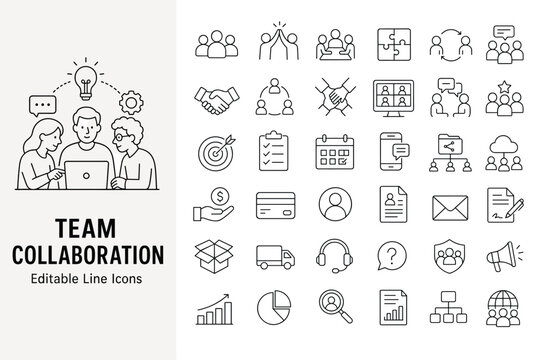 Team collaboration line icons for business teamwork, project management, office communication, and workflow