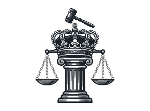 Ornate legal justice emblem with a crowned pillar and scales attorney authority legislation