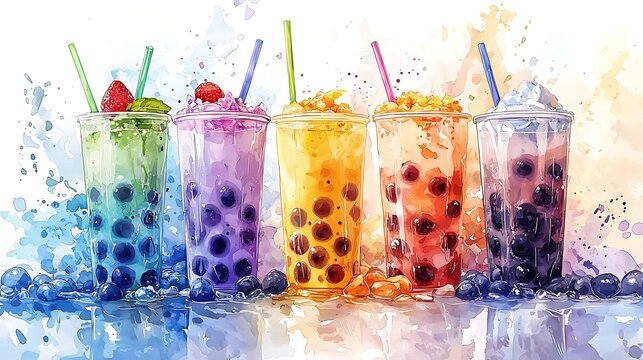 Five colorful bubble tea drinks with fruit and tapioca pearls watercolor style