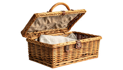 Obraz premium Wicker Picnic Basket with Linen Cloth Isolated on White Background