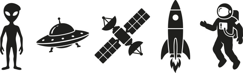 Outer space exploration black silhouette icons set with alien creature flying saucer ufo satellite communication rocket ship and astronaut vector graphics on white background © Malati