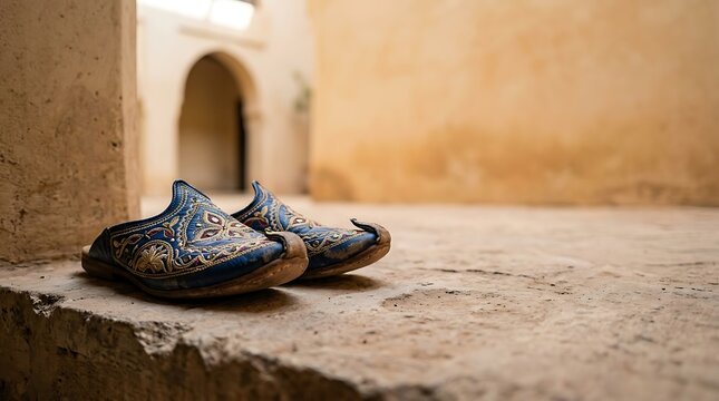 Ornate embroidered slippers rest on a sunlit stone courtyard floor