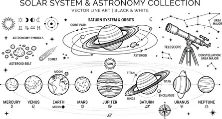 Solar system and astronomy line art collection with planets sun telescope saturn rings earth moon constellations comet asteroid belt and space vector icons © Malati