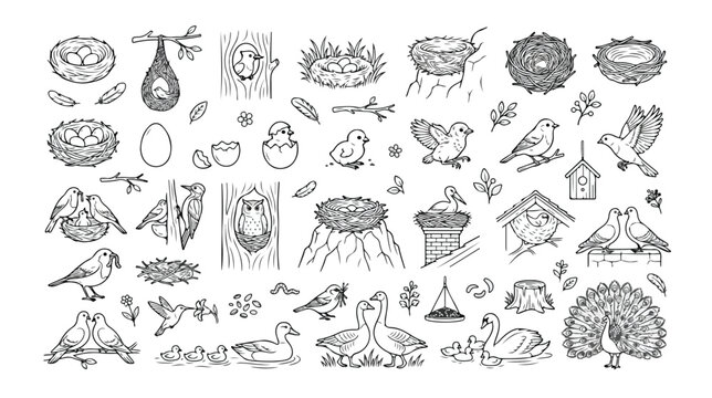 鳥の巣とひな鳥のベクターイラストセット、手描き風の鳥の生活、自然と動物の生態系を表現したモノクロアイコンコレクション、教育素材やデザイン要素に最適