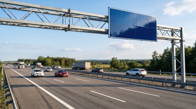 Blank Blue Highway Sign on Road