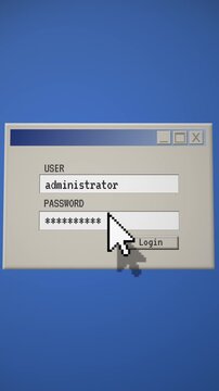 Old style login screen with administrator username and masked password fields on a retro interface, cybersecurity theme for data privacy and IT security marketing