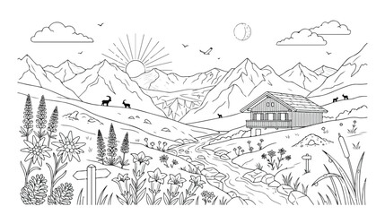 雄大な山脈と山小屋の風景、自然豊かな渓流と野生動物が描かれた白黒線画イラスト。アウトドア、ハイキング、自然保護をテーマにしたデザインに最適なベクター素材。 © Aralan