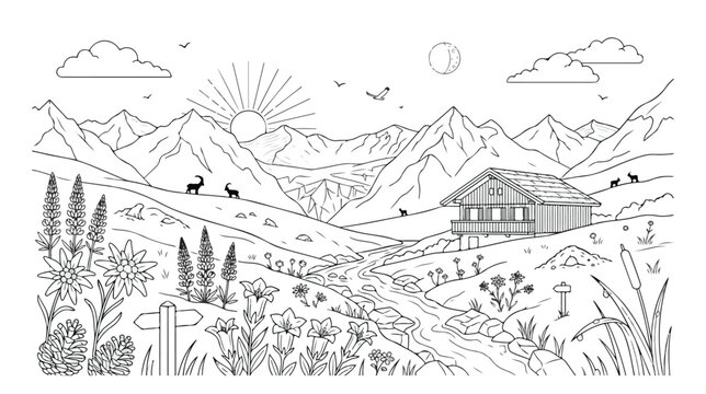 雄大な山脈と山小屋の風景、自然豊かな渓流と野生動物が描かれた白黒線画イラスト。アウトドア、ハイキング、自然保護をテーマにしたデザインに最適なベクター素材。