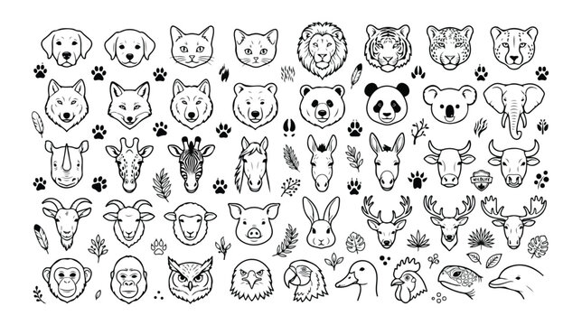 動物の顔と足跡のモノクロベクターアイコンセット、犬、猫、ライオン、キツネ、クマ、パンダ、ゾウ、キリン、ウサギ、鳥、魚など多様な野生動物と家畜のイラスト素材、ウェブデザインや教育コンテンツに最適