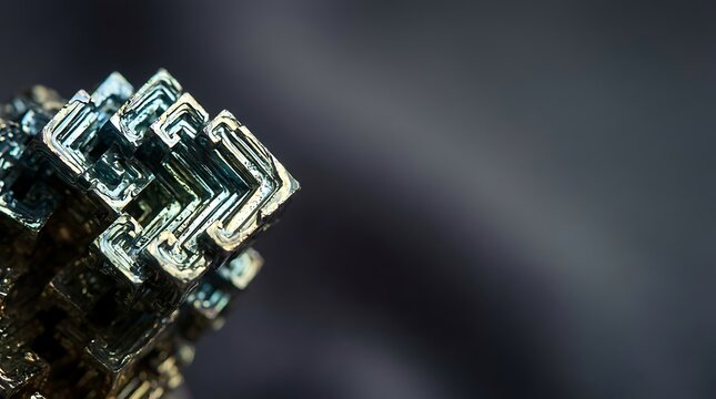 Iridescent bismuth crystal showing geometric hopper growth pattern