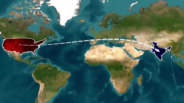 USA to India Flight Route Map Animation, USA to India Travel Path Motion Graphic