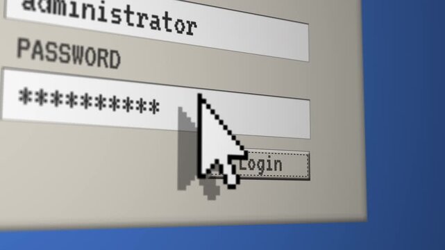 Angled close-up of a retro login panel with administrator account and password input, security and access control concept for IT business and tech advertising